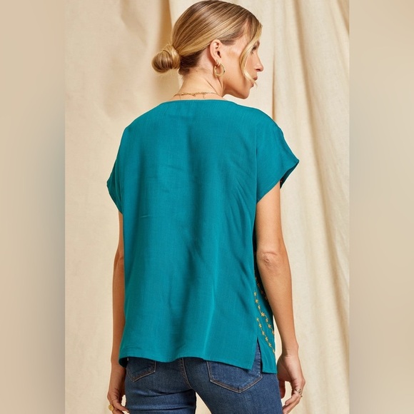Savanna Jane Teal Classic Dolman Sleeve Embroidered Top - Picture 3 of 9